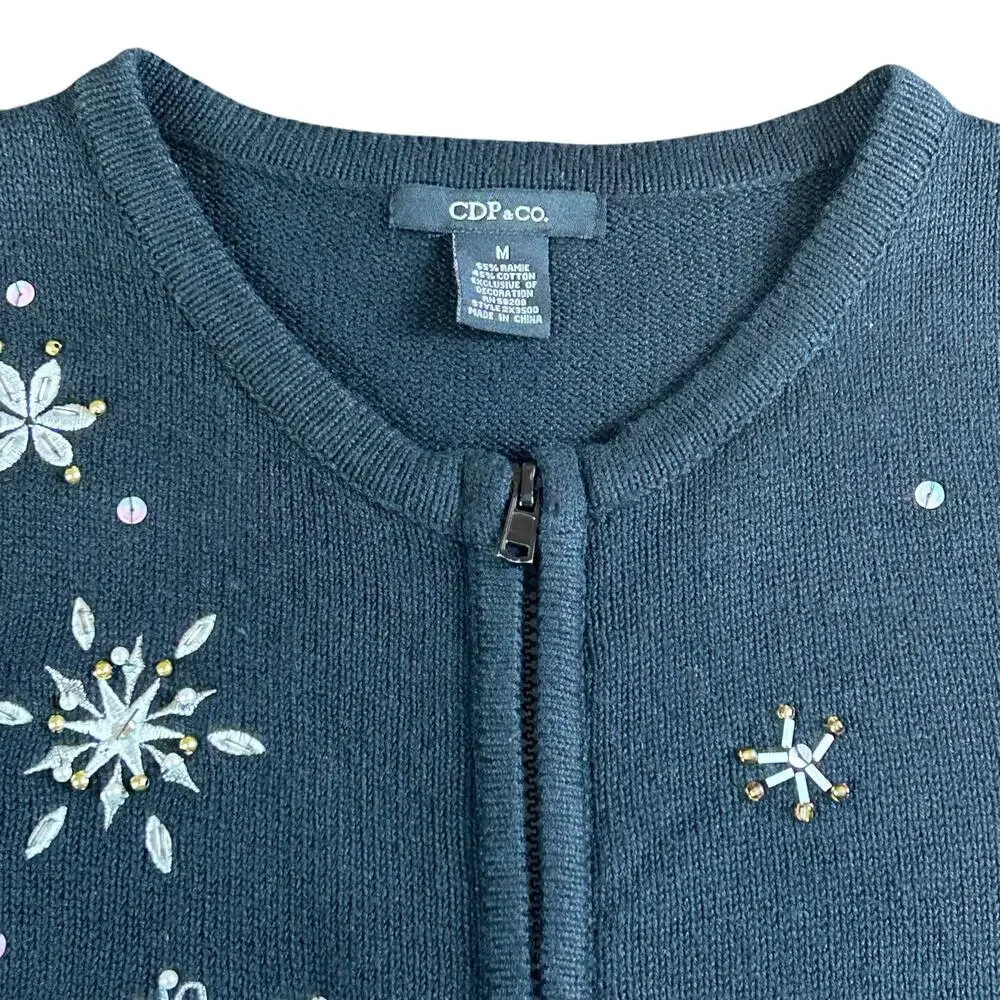 CDP & Co Knit Vest Size  Medium Black Silver Snowflake Embroidered Beaded Top